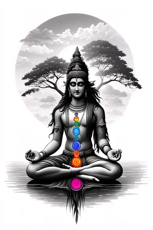 Lord Shiva Meditation With 7 Chakras And Trees Colors Sunset