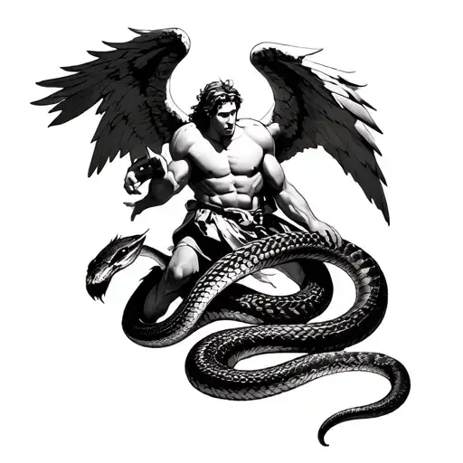 Archangel Michael Fighting A Rattlesnake That Wraps Around Forearm