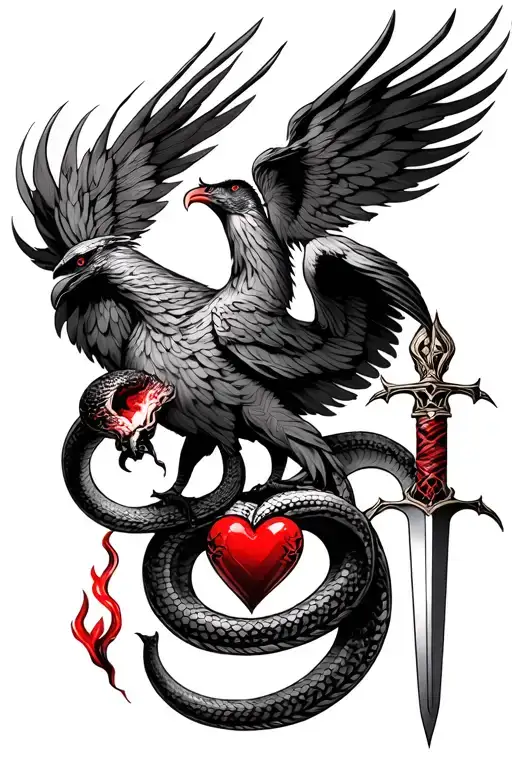 Phoenix With Snake And Dagger Wwith Heart