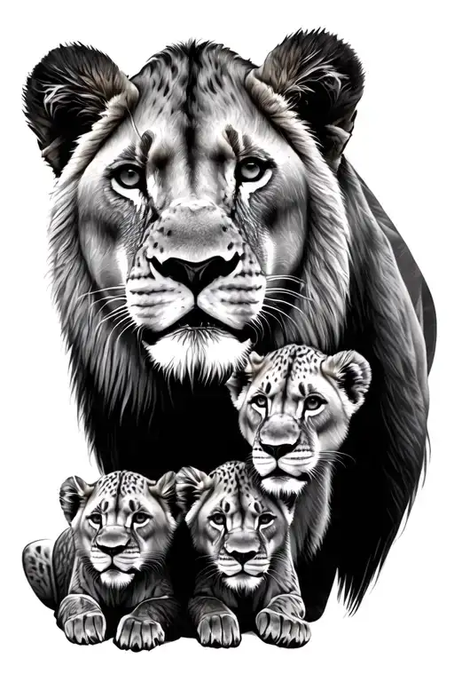 Lioness With 3 Cubs Face Only