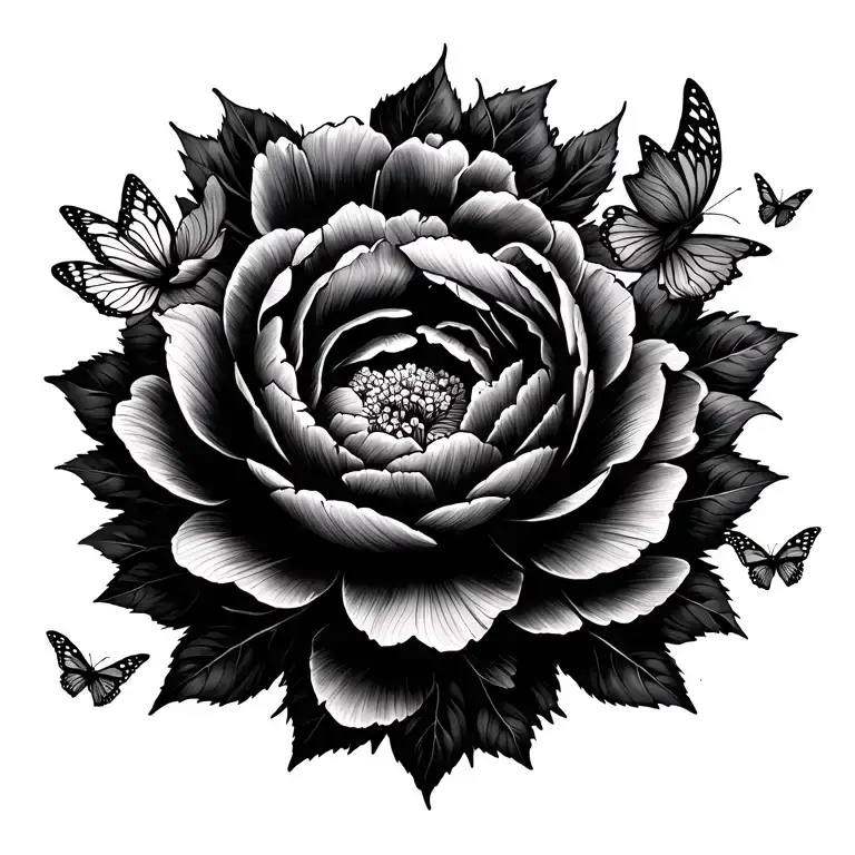 Mandalan Tattoo With Peony Flowers And Butterflies Fluttering