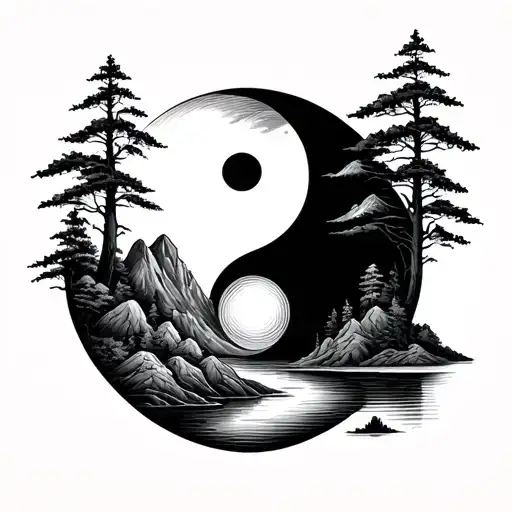 Yin Yang With Nature Elements Like Mountains And River
