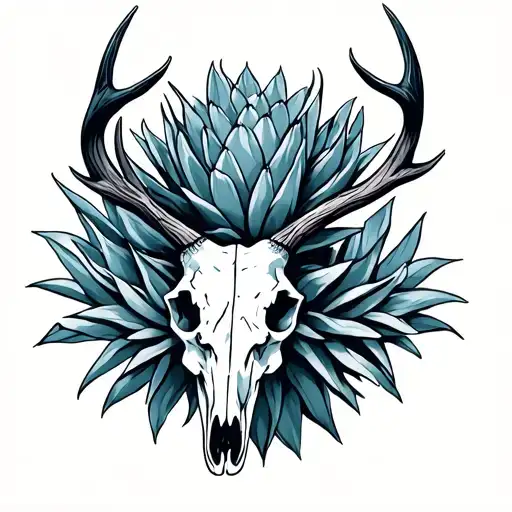Blue Agave Plant With Deer Skull