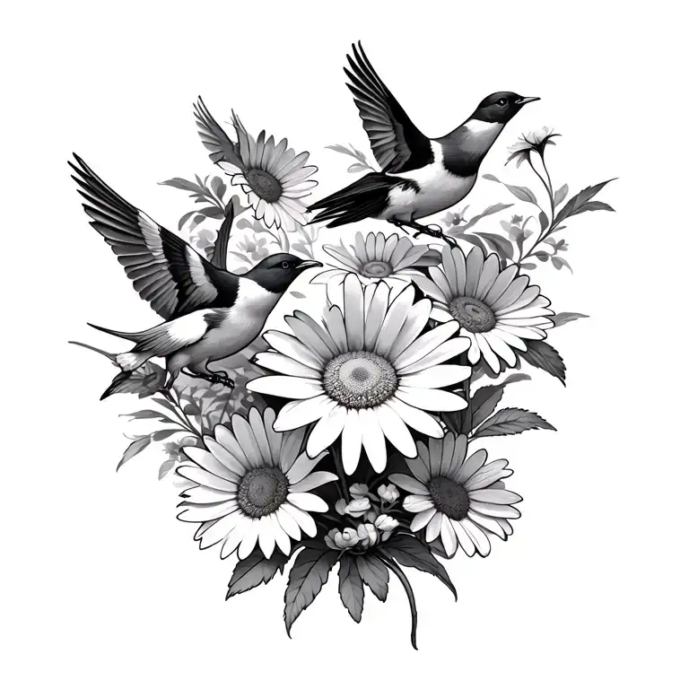 Daisy's And Birds Flying