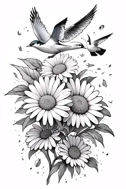 Daisy's And Birds Flying Away