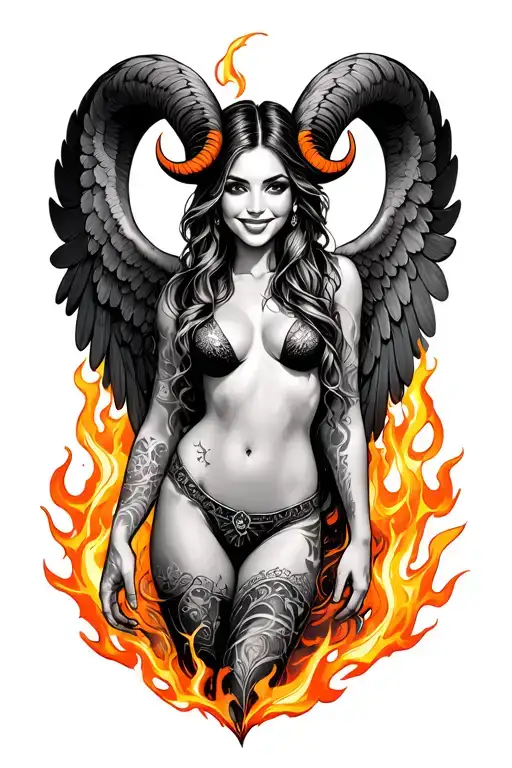 Aries Zodiac Sign Sexy Smiling Female Wings Fire Surrounded