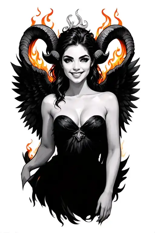 Aries Zodiac Sign Sexy Smiling Female Wings Fire Surrounded