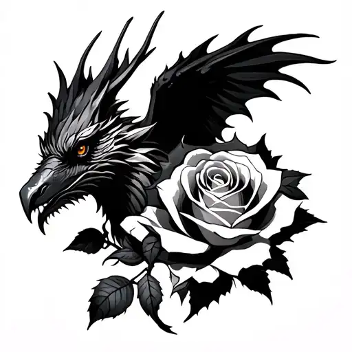 Dragon Behind A Rose With A Raven On It