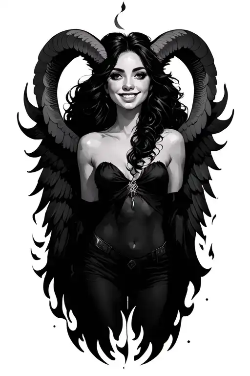 Aries Zodiac Sign Sexy Smiling Female Wings Fire Surrounded