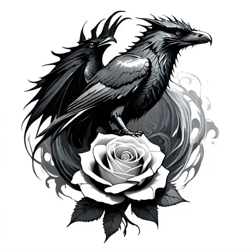A Dragon Swirling Around A Rose With A Raven On The Rose