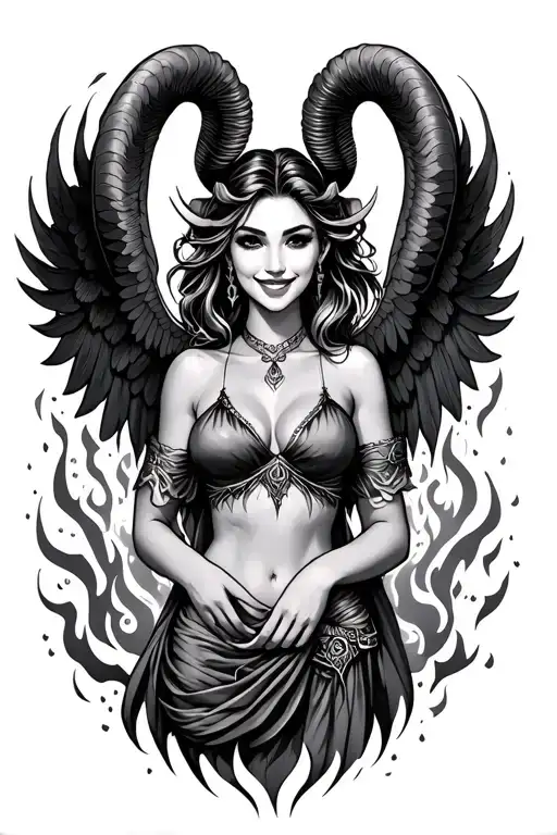 Aries Zodiac Sign Sexy Smiling Female Wings Fire Surrounded