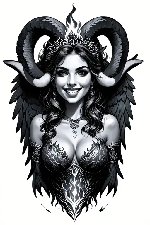 Aries Zodiac Sign Sexy Smiling Female Wings Fire Surrounded
