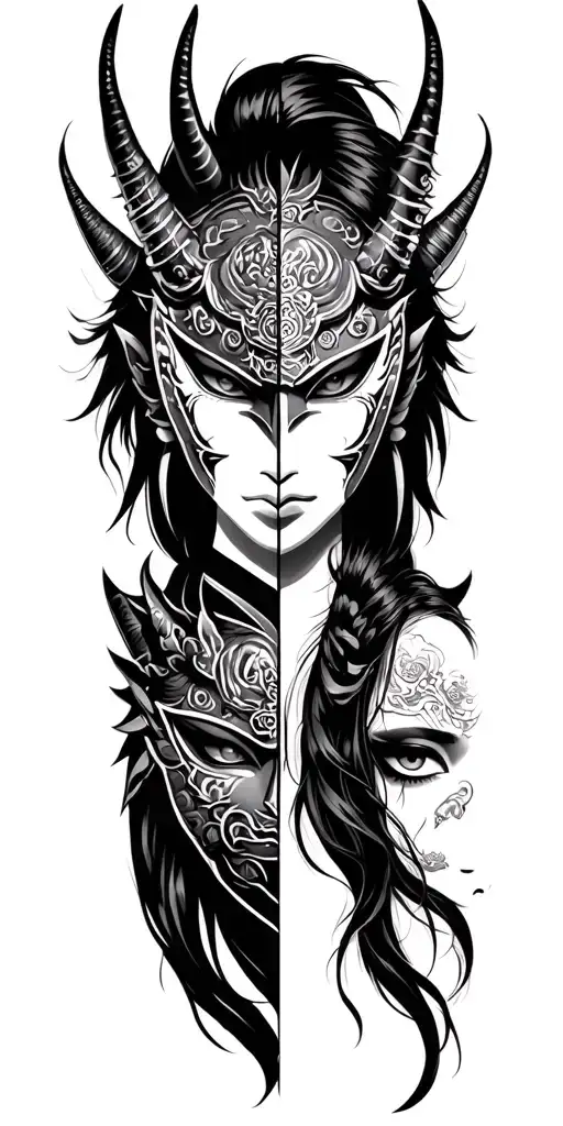Samurai Oni Demon Mask And Woman In Half Oni Mask