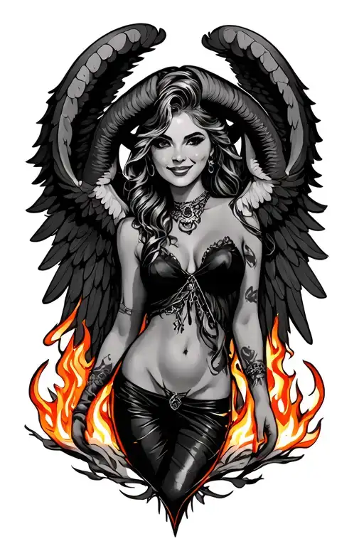 Aries Zodiac Sign Sexy Smiling Female Wings Fire Surrounded