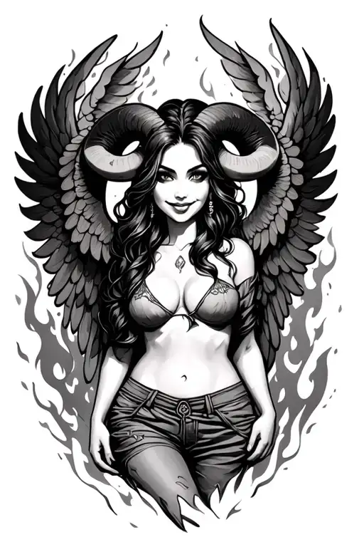 Aries Zodiac Sign Sexy Smiling Female Wings Fire Surrounded