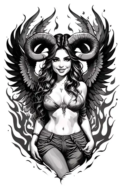 Aries Zodiac Sign Sexy Smiling Female Wings Fire Surrounded