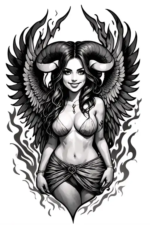 Aries Zodiac Sign Sexy Smiling Female Wings Fire Surrounded Back View