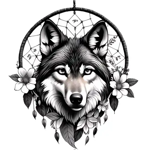 Dream Catcher With Feminine Wolf Face Surrounded With Flowers
