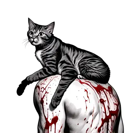 Cat Climbing On Man's Back With Bloody Scratch Marks All Across