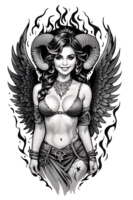 Aries Zodiac Sign Sexy Smiling Female Wings Fire Surrounded