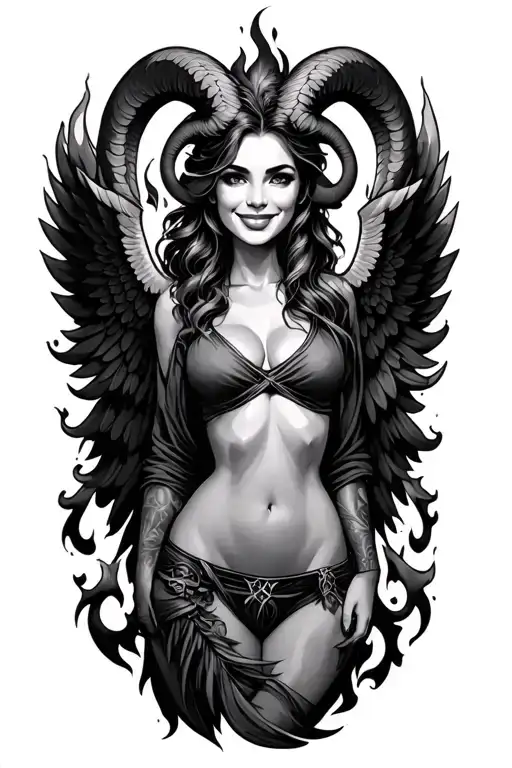 Aries Zodiac Sign Sexy Smiling Female Wings Fire Surrounded