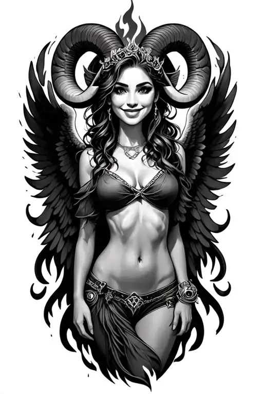 Aries Zodiac Sign Sexy Smiling Female Wings Fire Surrounded