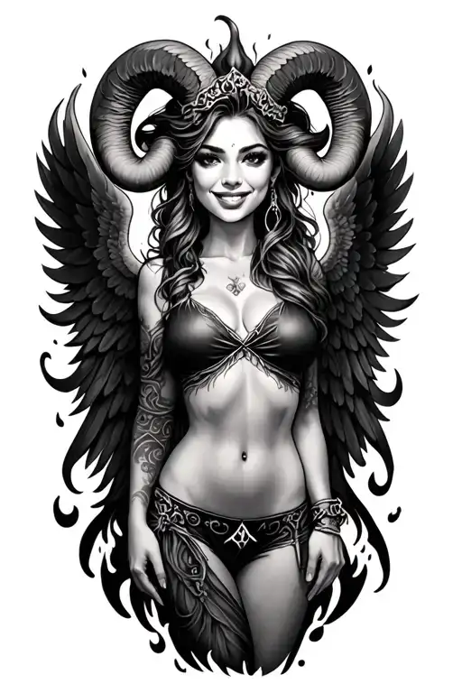 Aries Zodiac Sign Sexy Smiling Female Wings Fire Surrounded