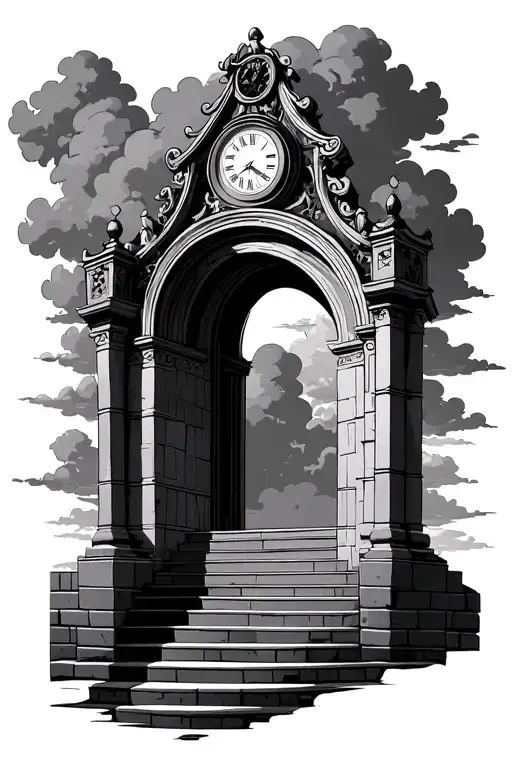 Arch Gates Opening With Stairs To Heaven With Clock Above Arch With Clouds Around It