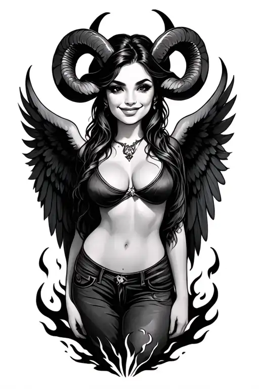 Aries Zodiac Sign Sexy Smiling Female Wings Fire Surrounded