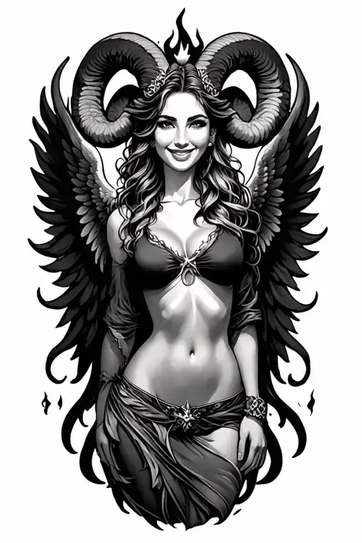 Aries Zodiac Sign Sexy Smiling Female Wings Fire Surrounded