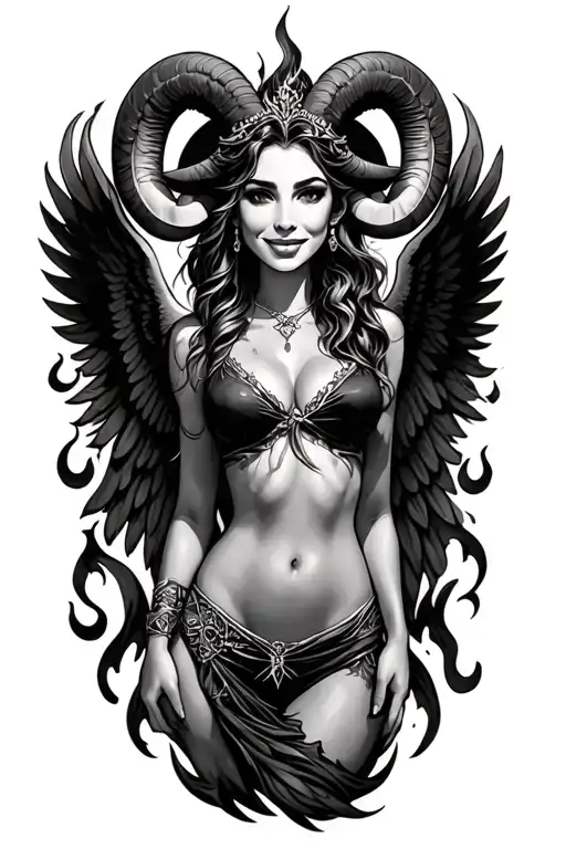 Aries Zodiac Sign Sexy Smiling Female Wings Fire Surrounded