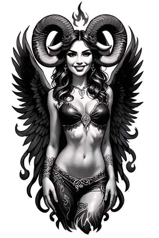 Aries Zodiac Sign Sexy Smiling Female Wings Fire Surrounded