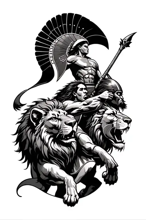 Spartan Warriors Fighting With Lion