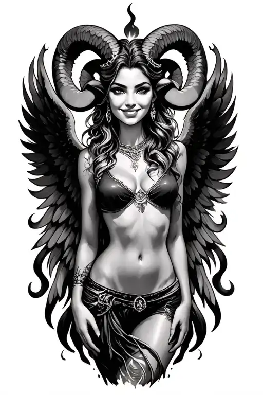 Aries Zodiac Sign Sexy Smiling Female Wings Fire Surrounded