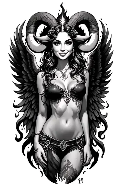Aries Zodiac Sign Sexy Smiling Female Wings Fire Surrounded