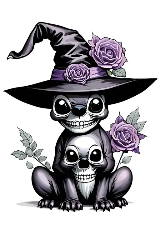 Stitch In Witch Hat With Candy Skull