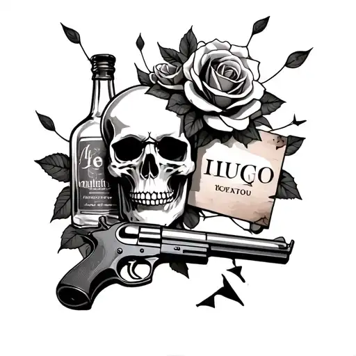 Skull With Roses And Liquor Bottle And Gun With Broken Sign