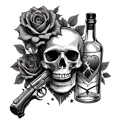 Skull With Roses And Liquor Bottle And Gun With Broken Heart