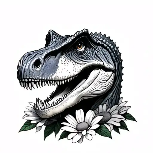 Cute T Rex Peeking Behind Flower Black Grey