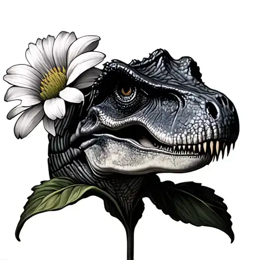 Cute T Rex Peeking Behind Flower Black Grey