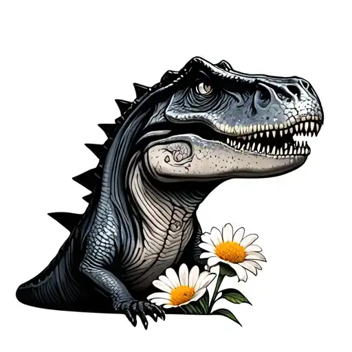 Cute T Rex Peeking Behind Flower Black Grey Tattoo Small Cartoon