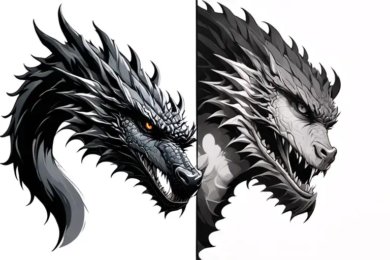 Split Face Of A Black Dragon And A Man