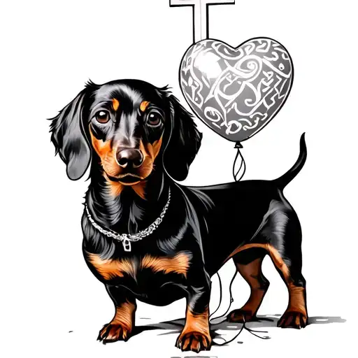 Linghair Dachshund Standing Against A Cross Holding A Heartballon