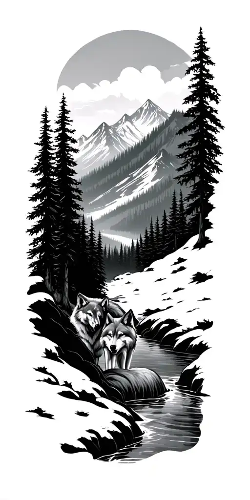 A River Winding Through A Forest Leading To Mountains With Wolf