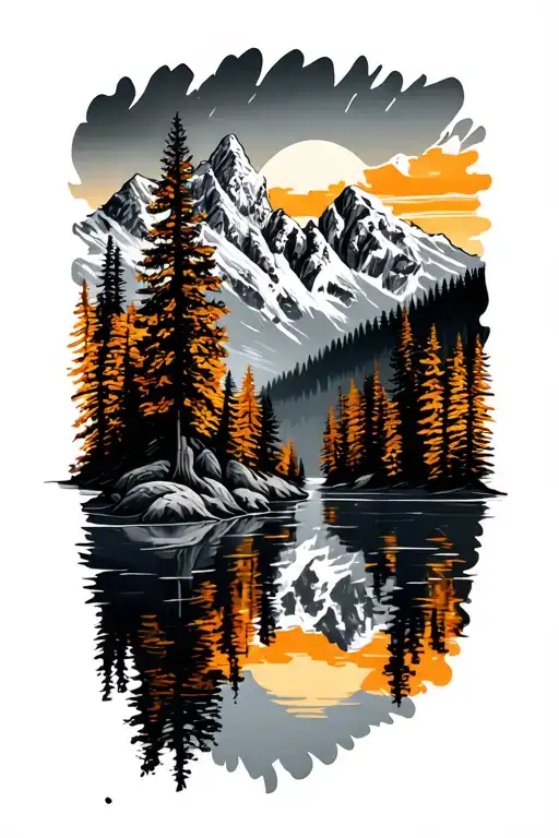 Mountains Filled With Trees Colors Sunset Over Lake