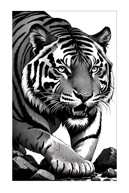 Tiger Clombing Rocks Looking Back Japanese