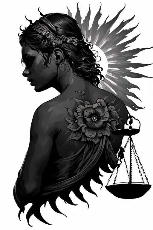Full Back Tattoo Style With Sun Burst And The Justice Scale Behind