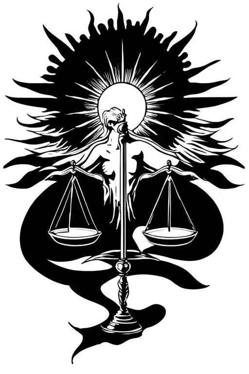 Full Back Tattoo Style With Sun Burst And The Justice Scale Behind Minimalist
