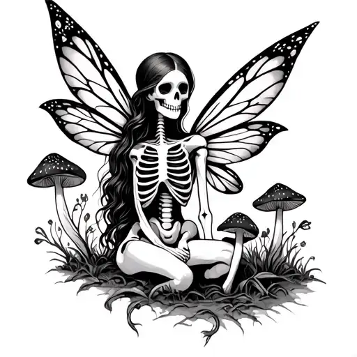 Skeleton Fairy And Mushrooms Growing