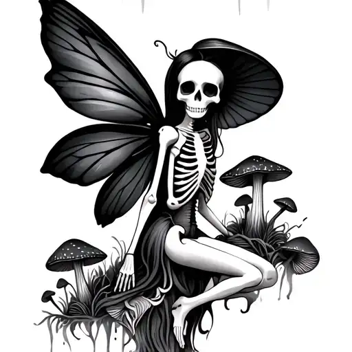 Skeleton Fairy And Mushrooms Growing